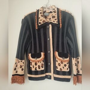 Berek 2 Animal Print Button Down Sweater Cardigan Black Brown